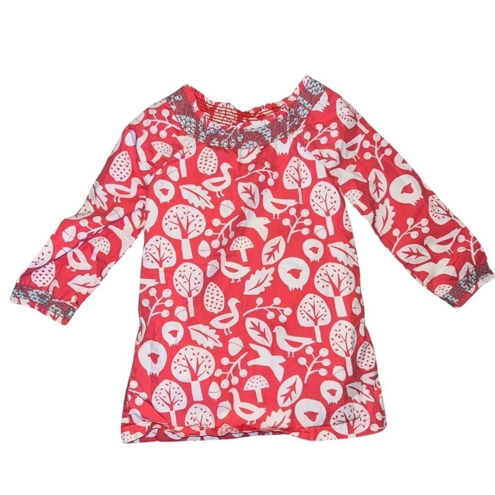 Boden Mini Boden Orange  Lined Dress With Birds Trees Mushrooms Size 2-3 Years